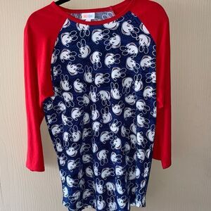 LULAROE DISNEY MICKEY Sloan Mouse 3/4 red sleeve/blue background sz M EUC